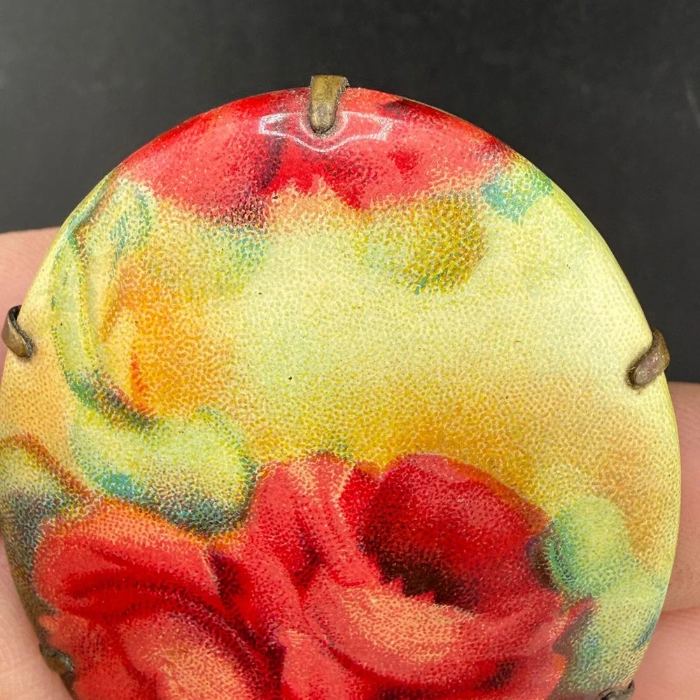 Vintage Victorian Porcelain Brooch Red Rose Floral Oval Brass Tone Pin